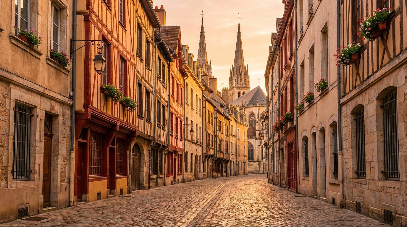 Rues pavées de Dijon avec maisons à colombages